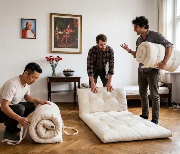 Goście na weekend (i na dłużej): składany futon jako zdrowa alternatywa dla dmuchanego materaca