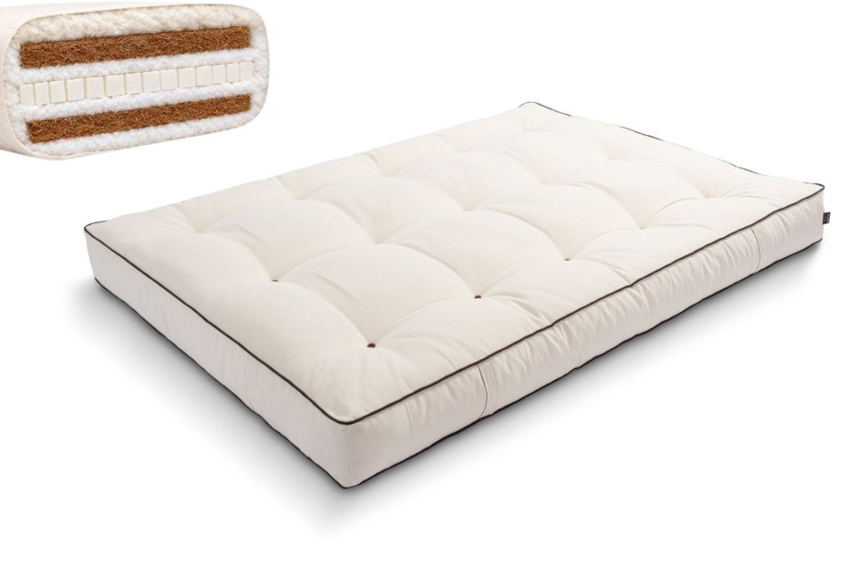 Materac 120x200 naturalny z wełną, lateksem i 2x kokosem - Futon Pascall Comfort Wool Hard Kedro Ecru