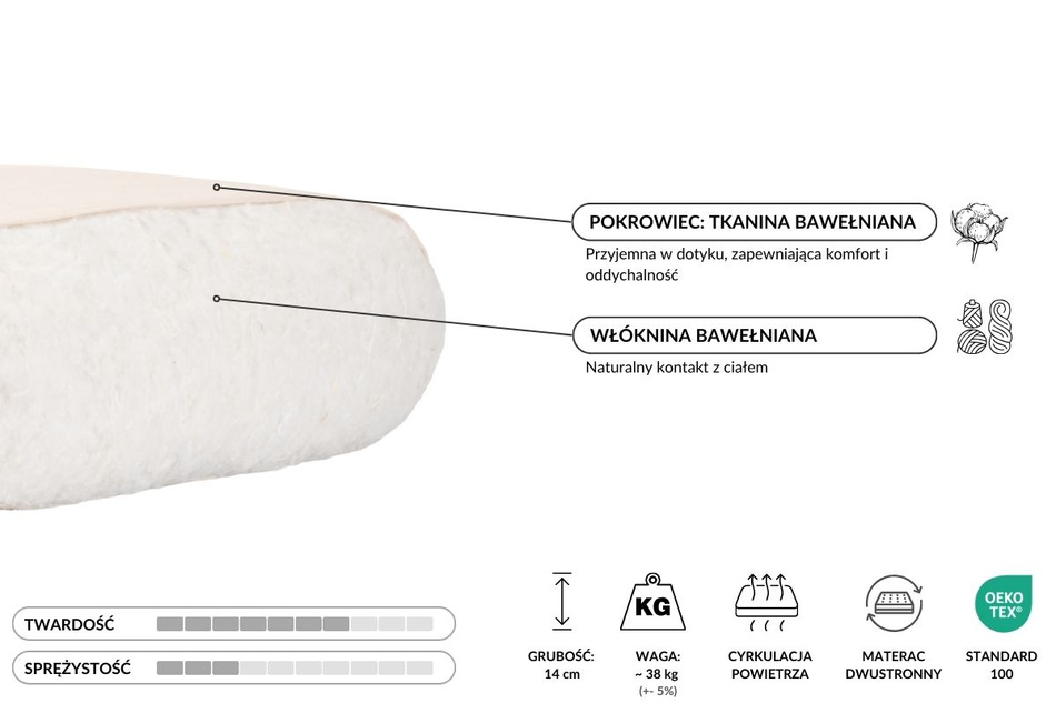 Materac 180x200 naturalny - Futon Pascall Slim Natural Szary
